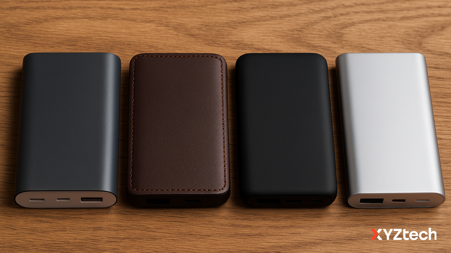 Four power banks with different power bank casing materials on a wooden desk.