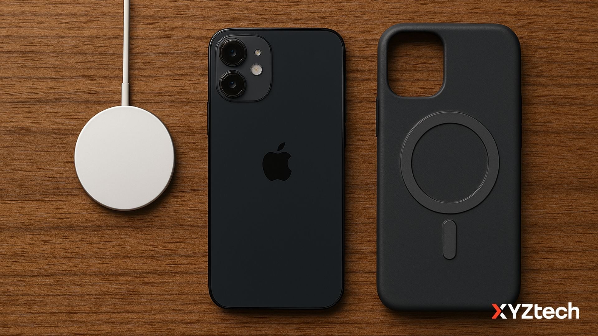 A MagSafe case, iPhone, and a wireless charger on a wooden desk.