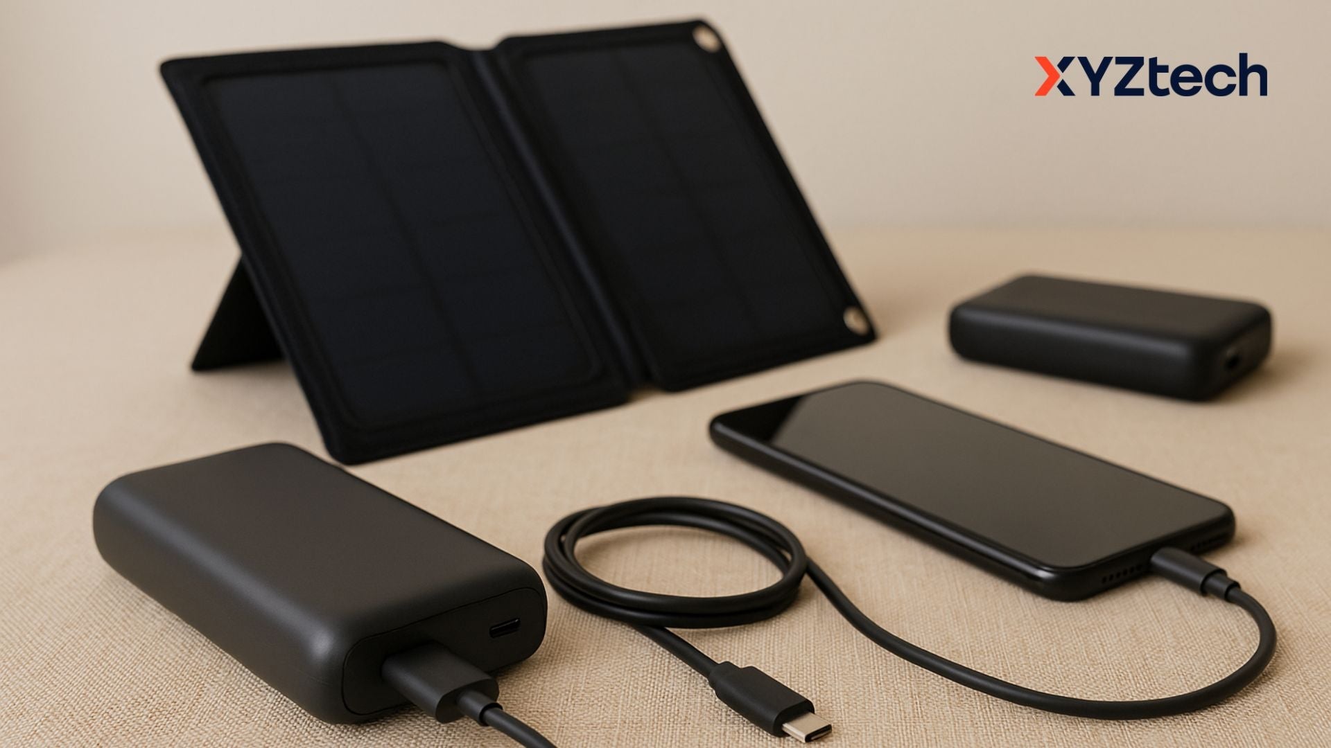 A power bank, a phone, and a solar power bank for backpacking.