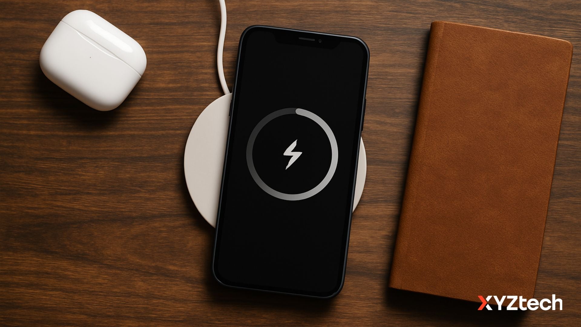 An iPhone charged on a wireless charger.