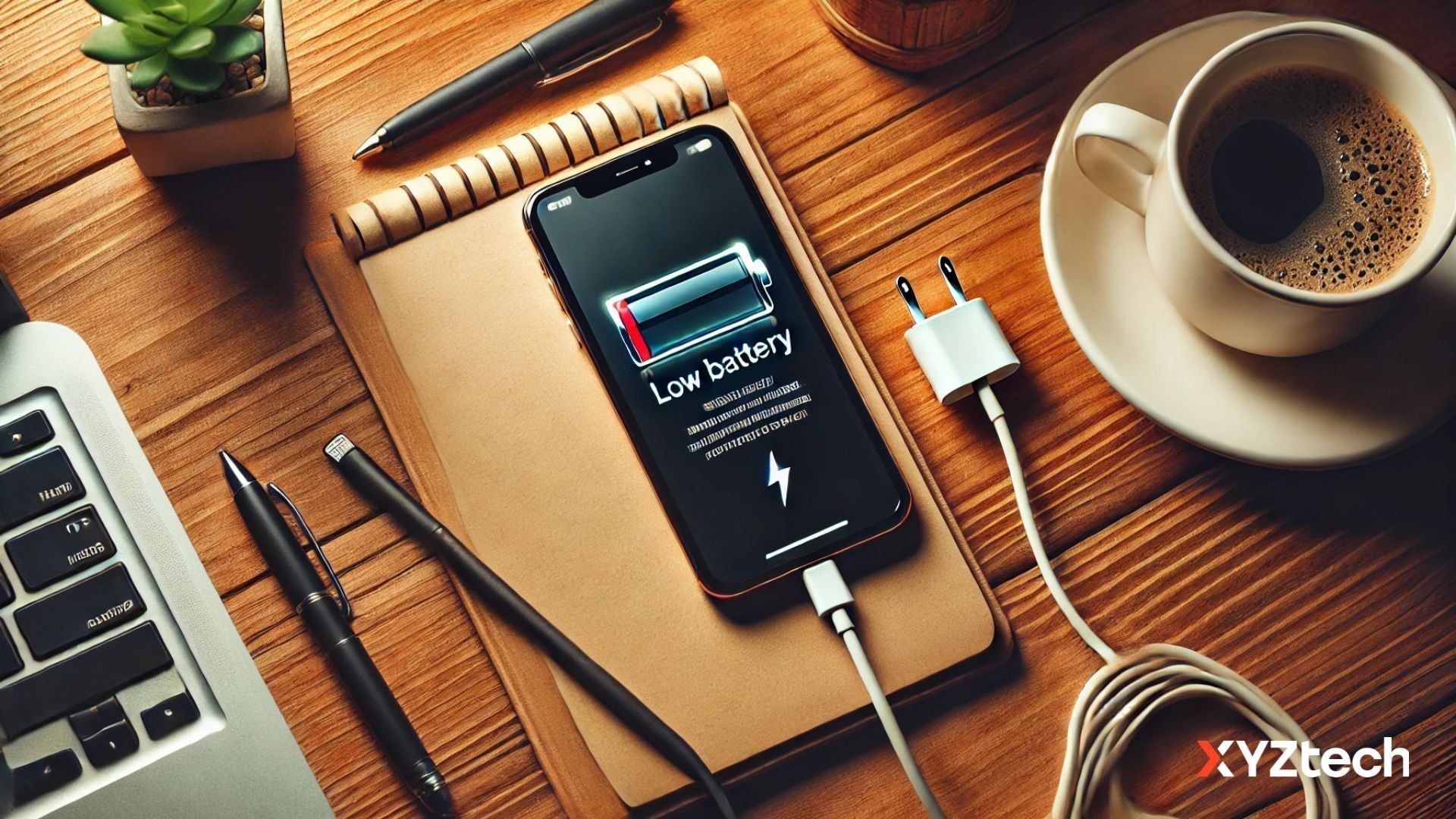Top-down view of a wooden desk with a smartphone, charging cable, and other essentials, representing a cell phone battery draining quickly.