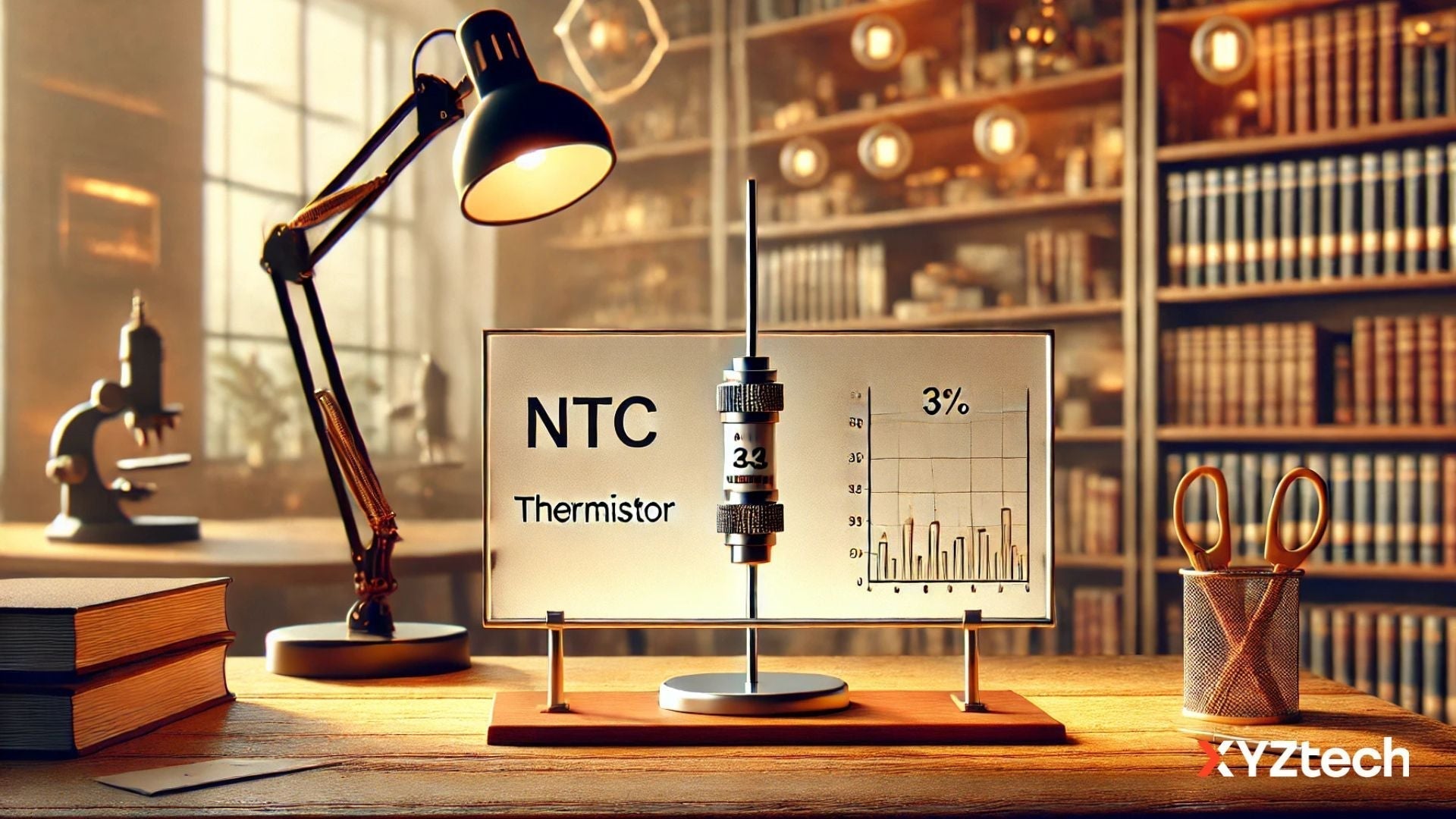 Close-up of an NTC thermistor on a wooden desk with electronic components, representing its use in temperature sensing and safety.