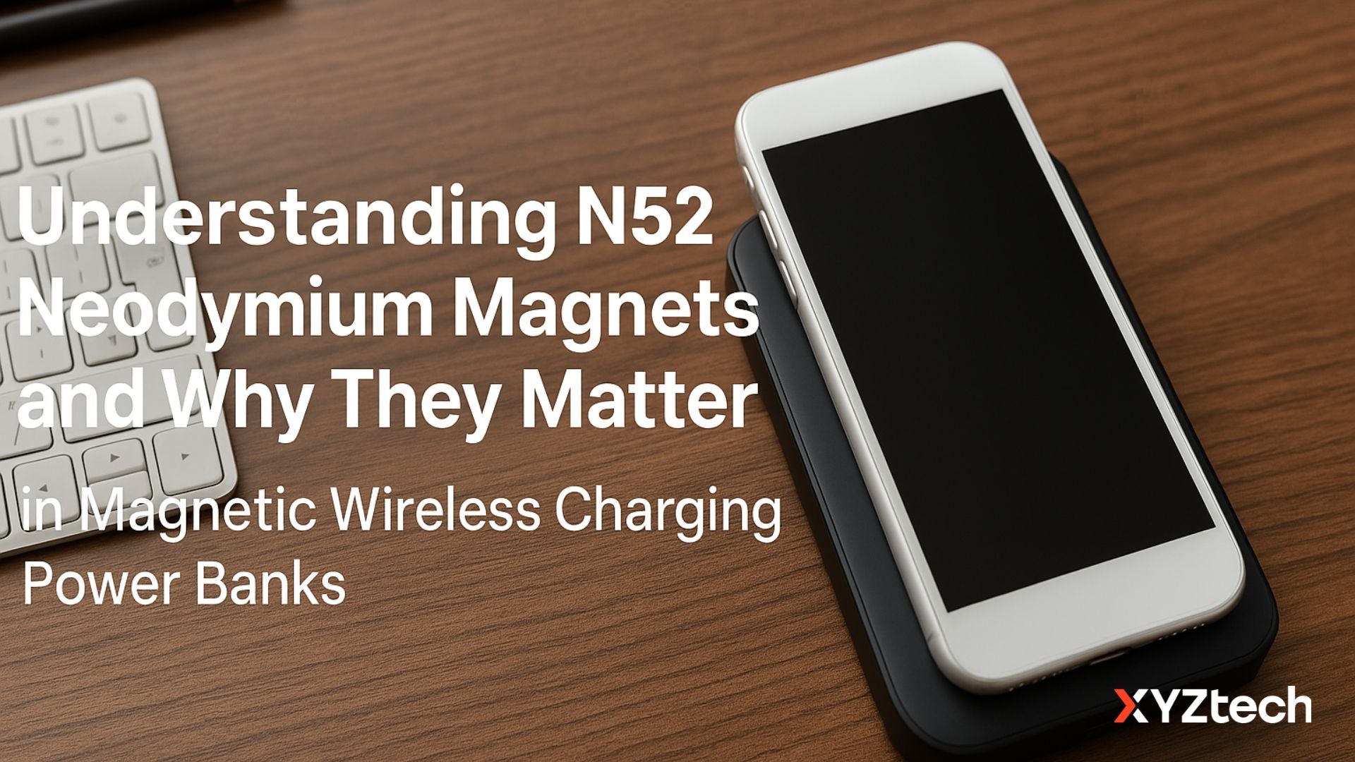 A mobile phone wirelessly charged on a power bank using an N52 magnet on a wooden desk.