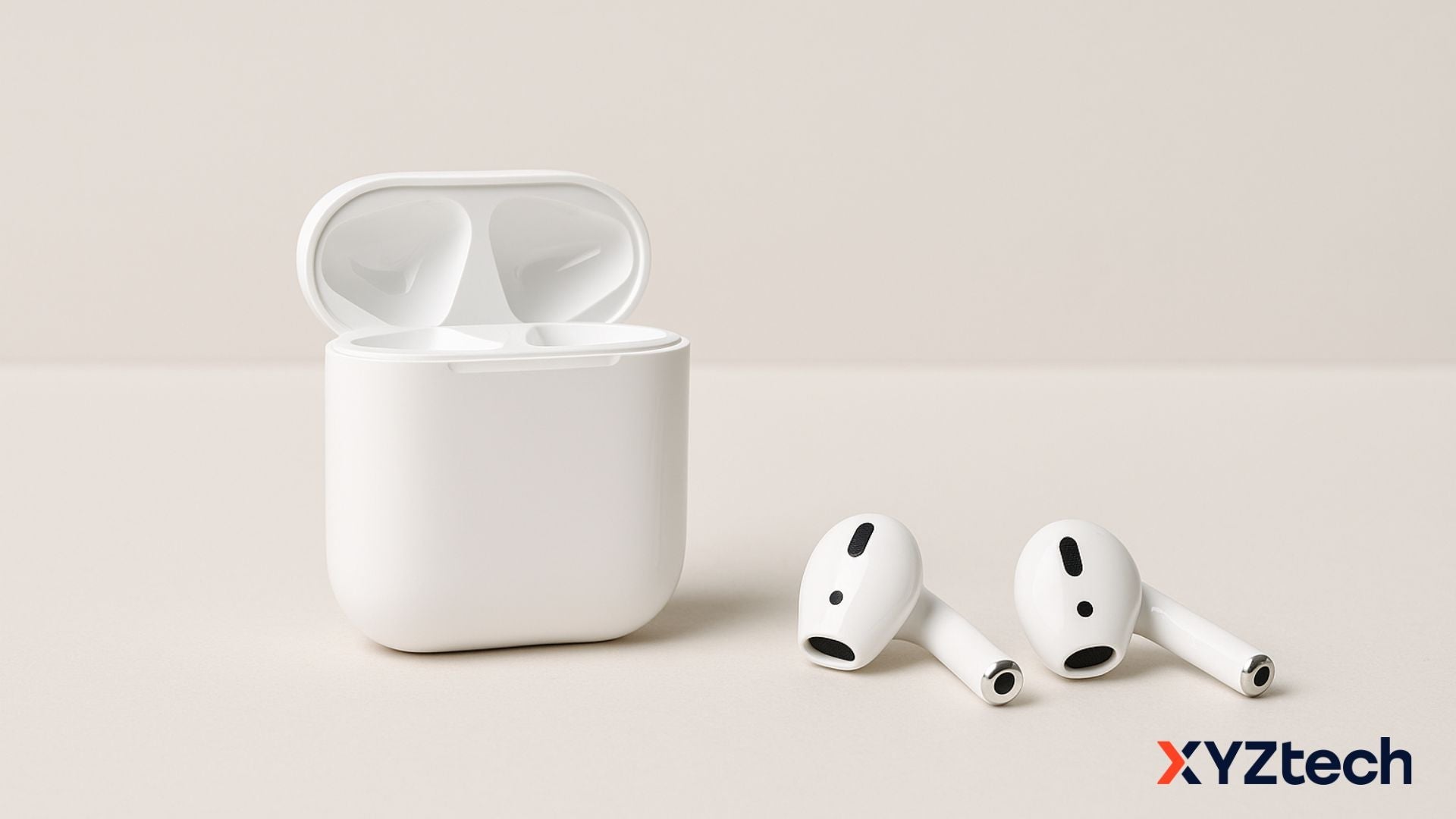 AirPods that needs resetting and AirPod case on the table.