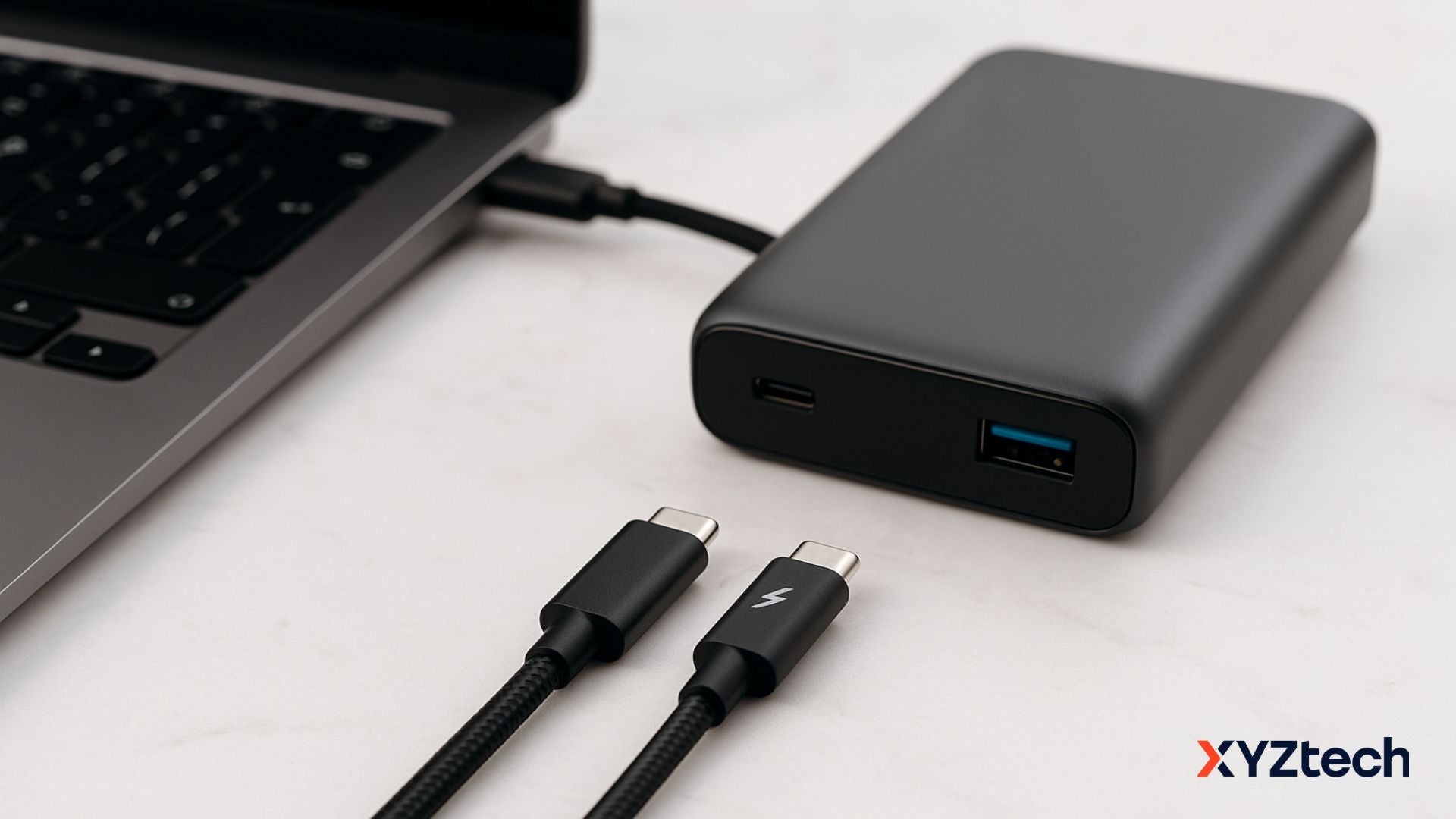 A clean, modern workspace featuring a laptop, and a power bank on a white surface, illustrating USB-C and Thunderbolt-compatible devices.