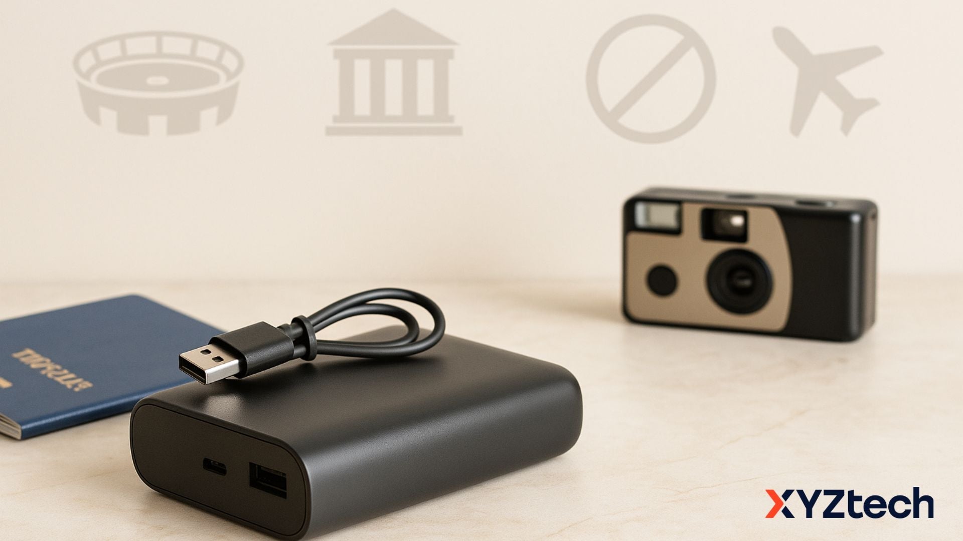 Portable power bank beside travel items like a passport and boarding pass, symbolizing the power bank ban in some places like during flight.