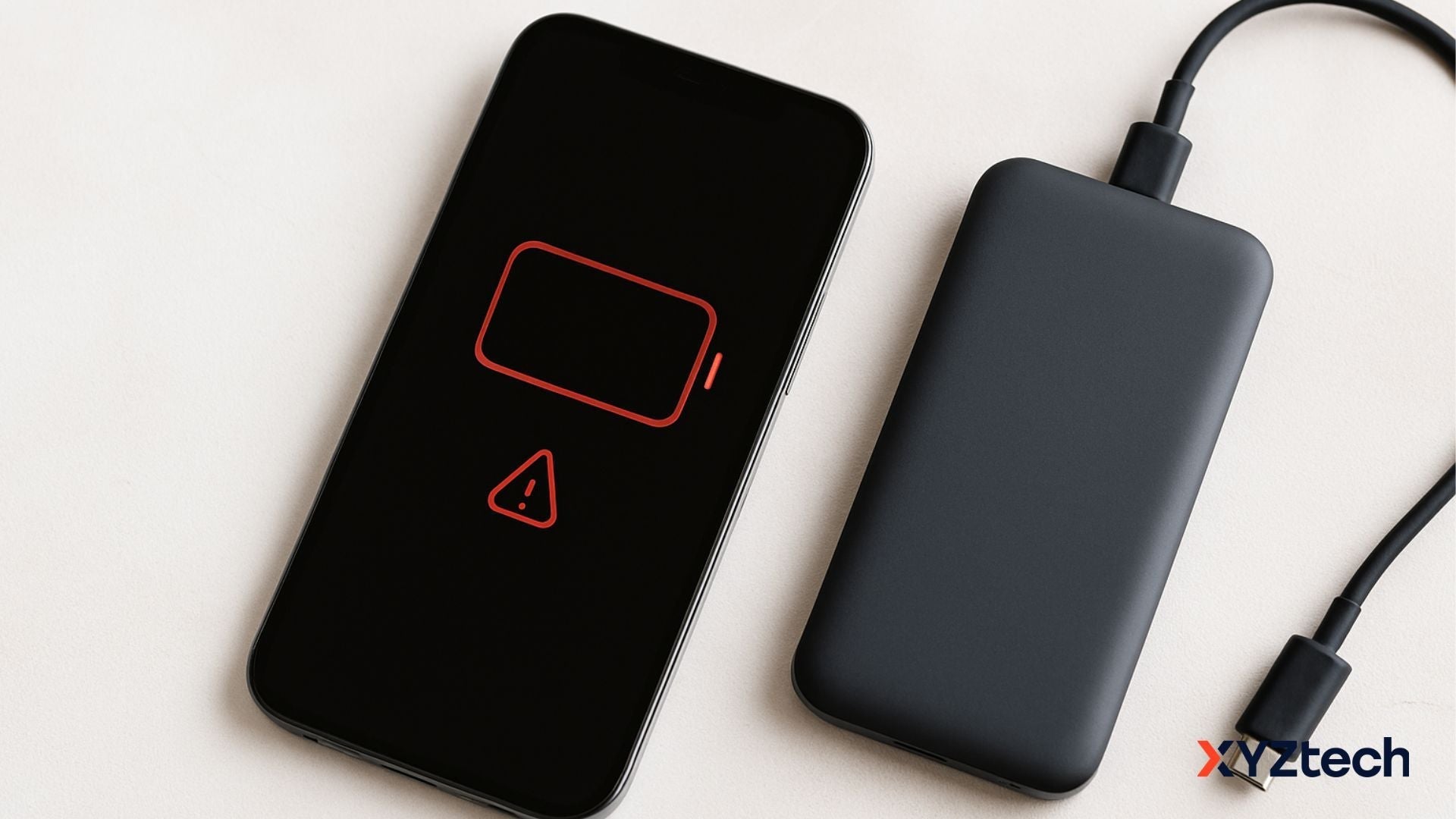 A smartphone with an empty battery and a portable charger that keeps turning off on a desk.