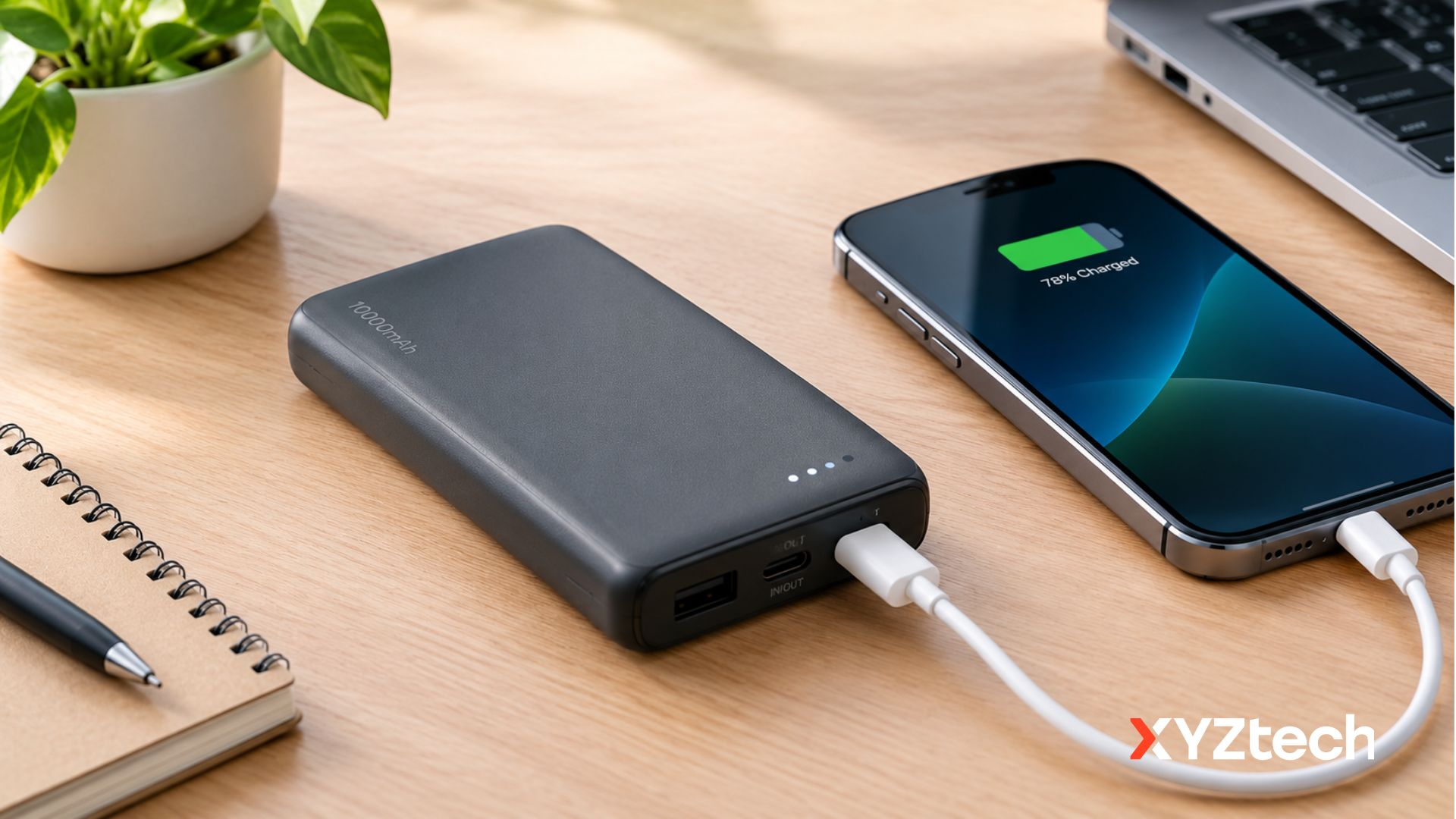 10000 mAh Power Bank on Desk Charging a Phone