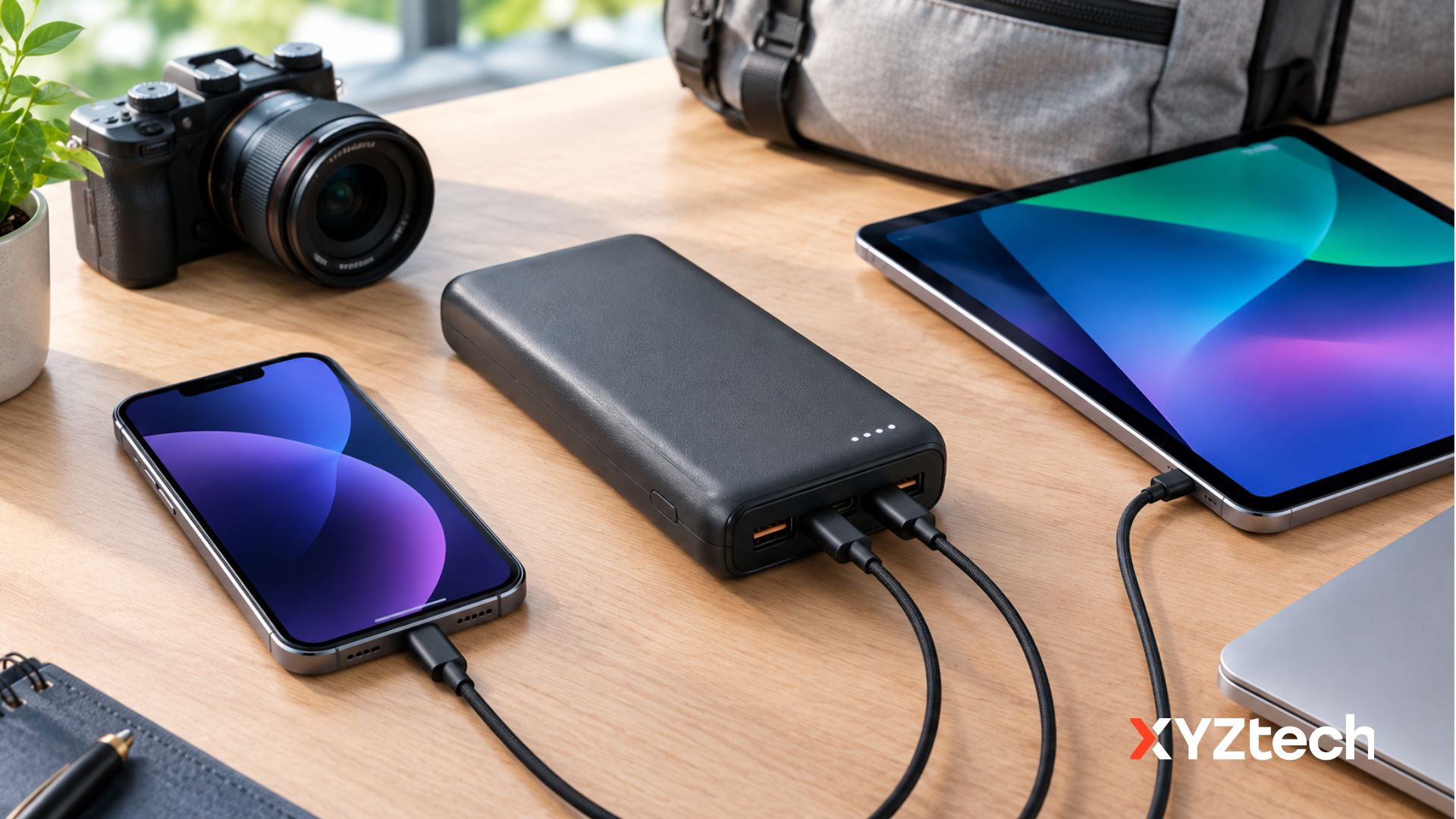 20000 mAh Power Bank on a Desk Charging a Phone and iPad