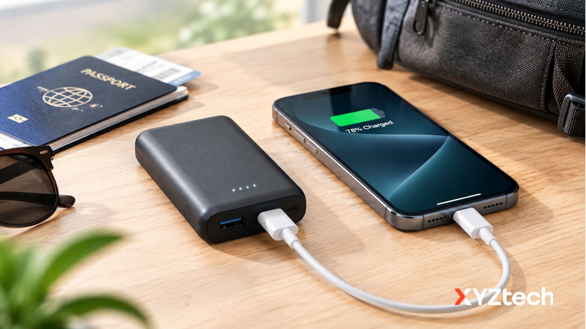 5000mAh Power Bank on Desk Chaging a Phone