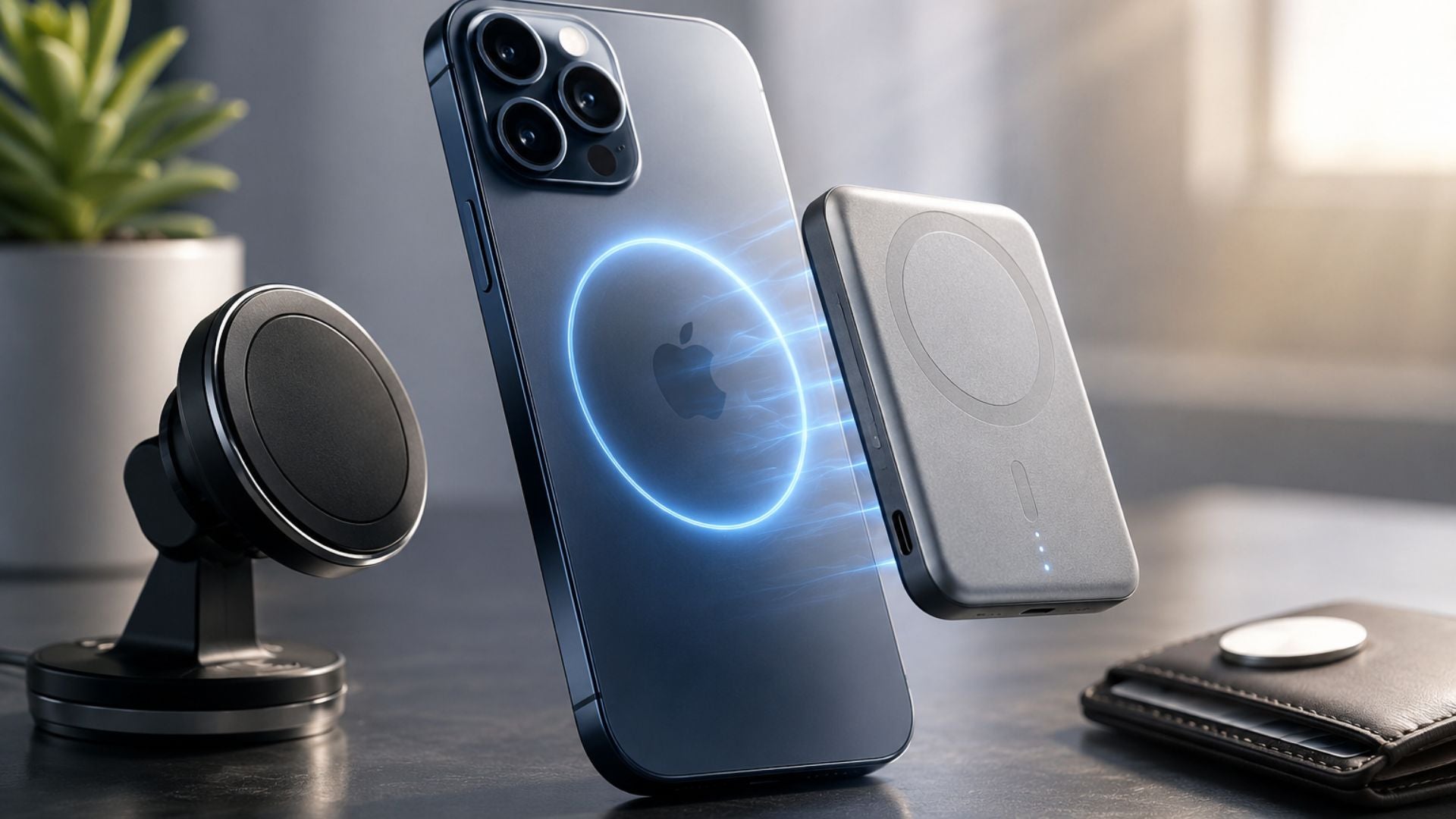 Are Magnets Bad for Phones? iPhone, Magnetic power bank, and accessories on desk