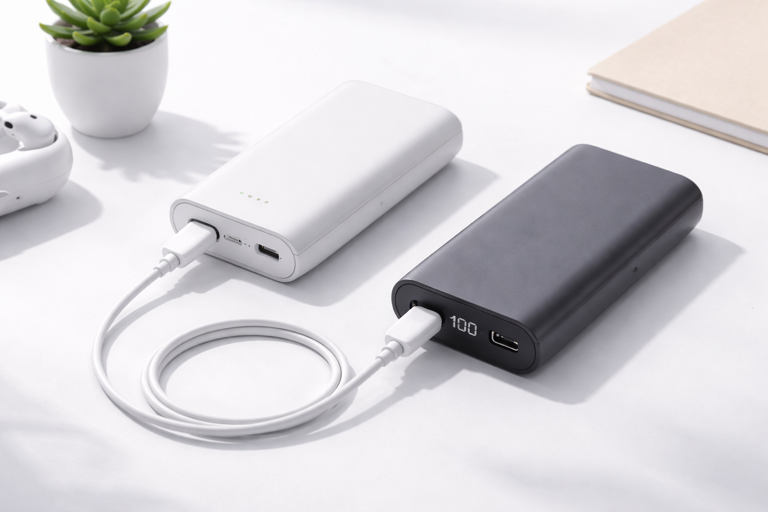 Charging a Power Bank With Power Bank on Desk 