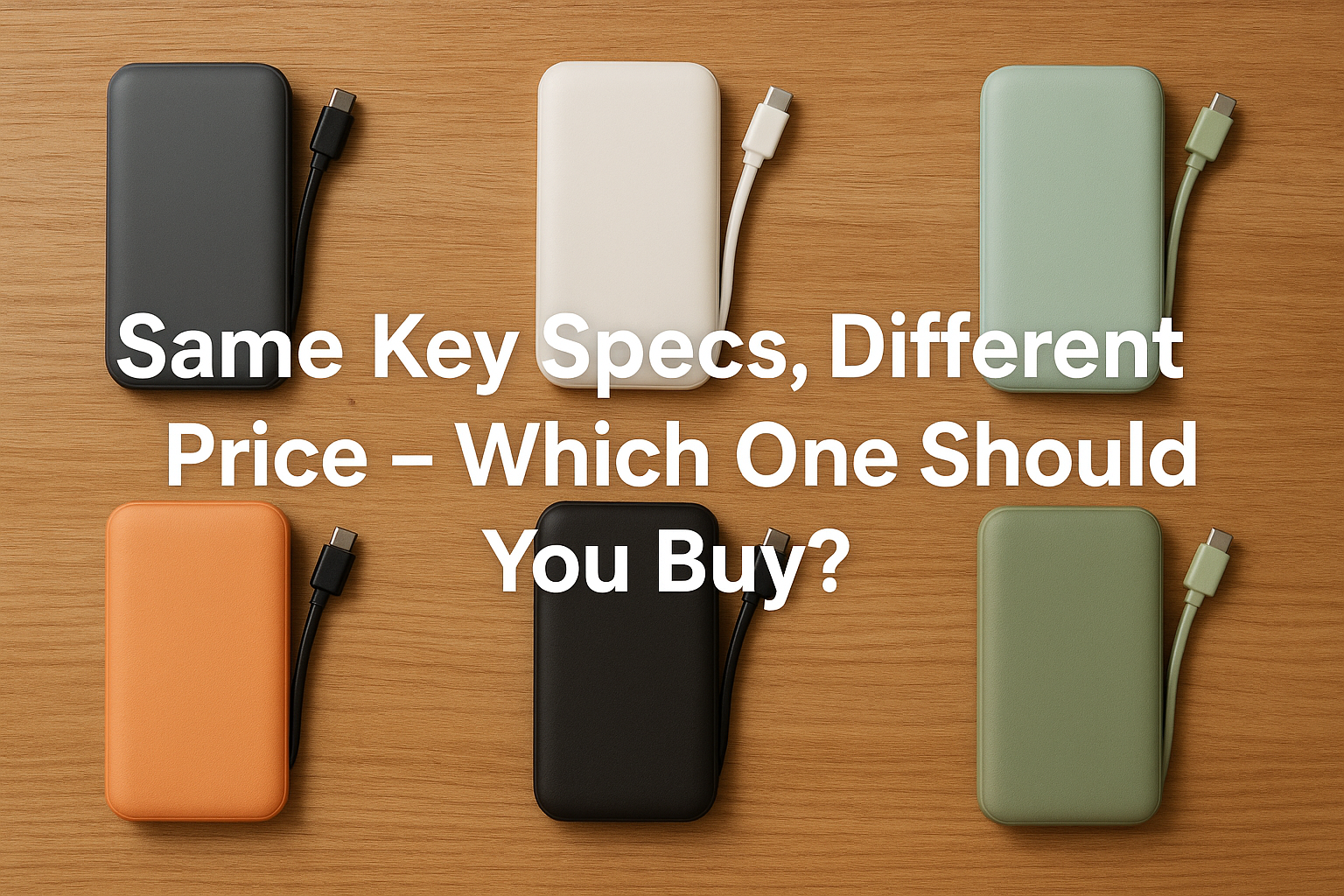 6 different portable chargers with built-in cable on a wooden table.