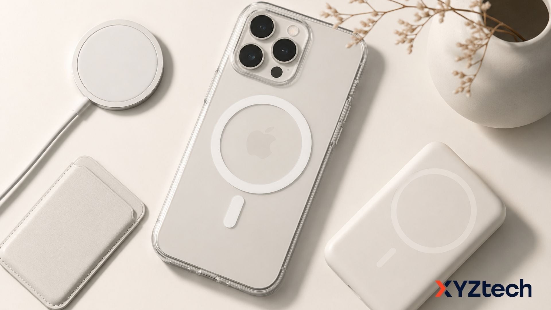 A MagSafe Case, an iPhone, a wireless charger, and a wallet on a table