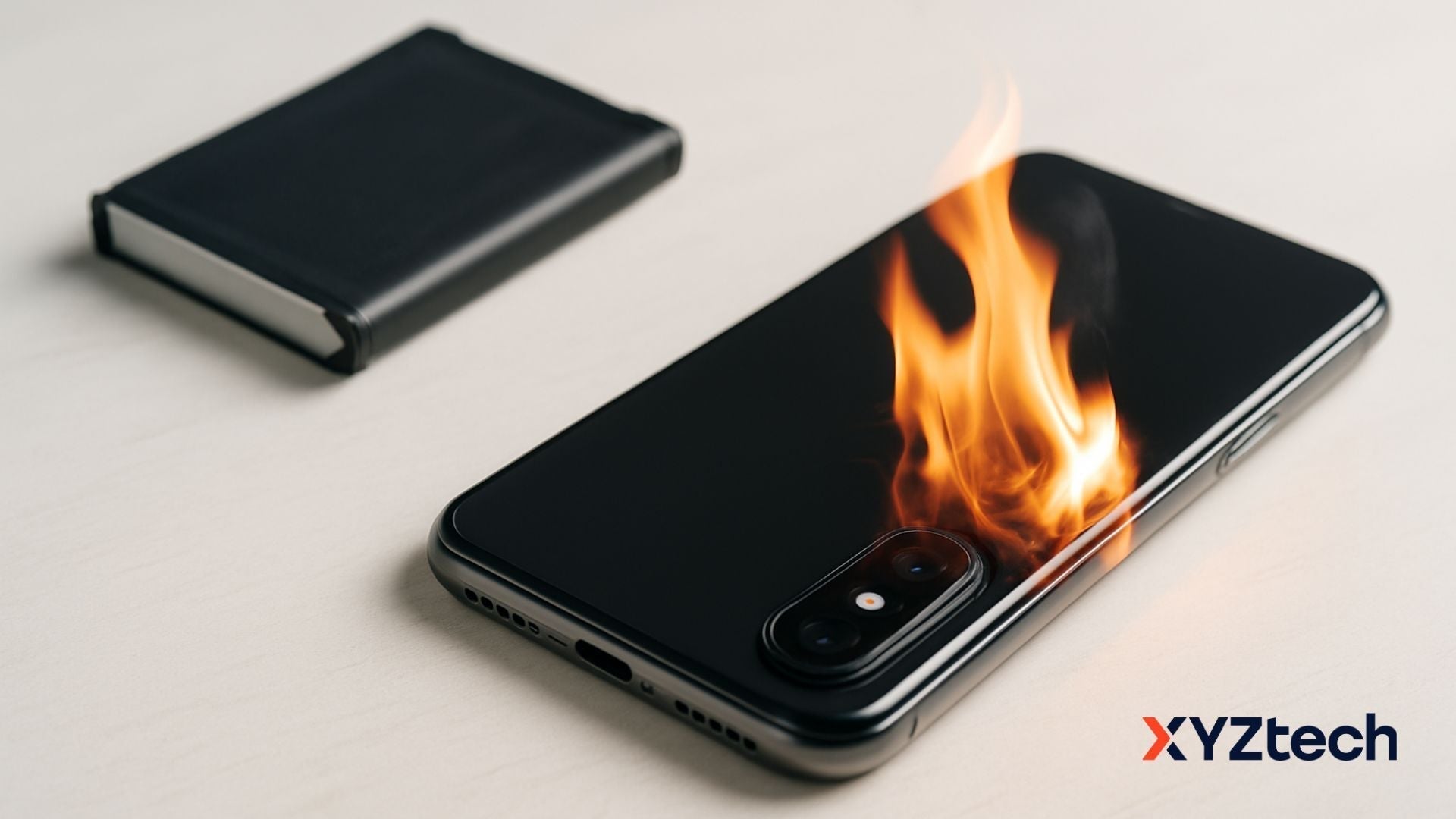 Power bank and phone with lithium battery on fire.