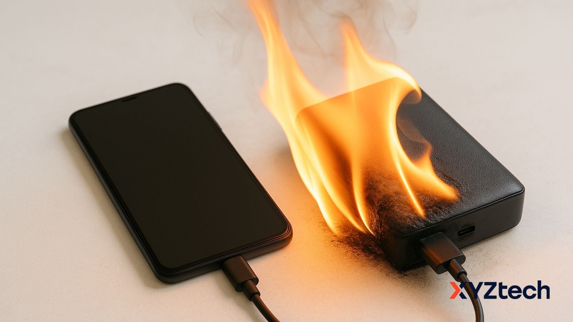  A phone and a power bank with lithium polymer battery is on fire.