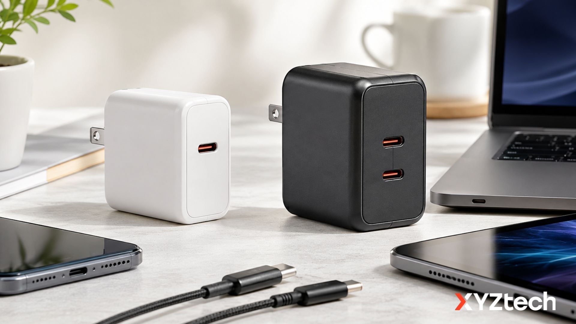 GaN Charger and PD Charger on desk along with phone, laptop etc