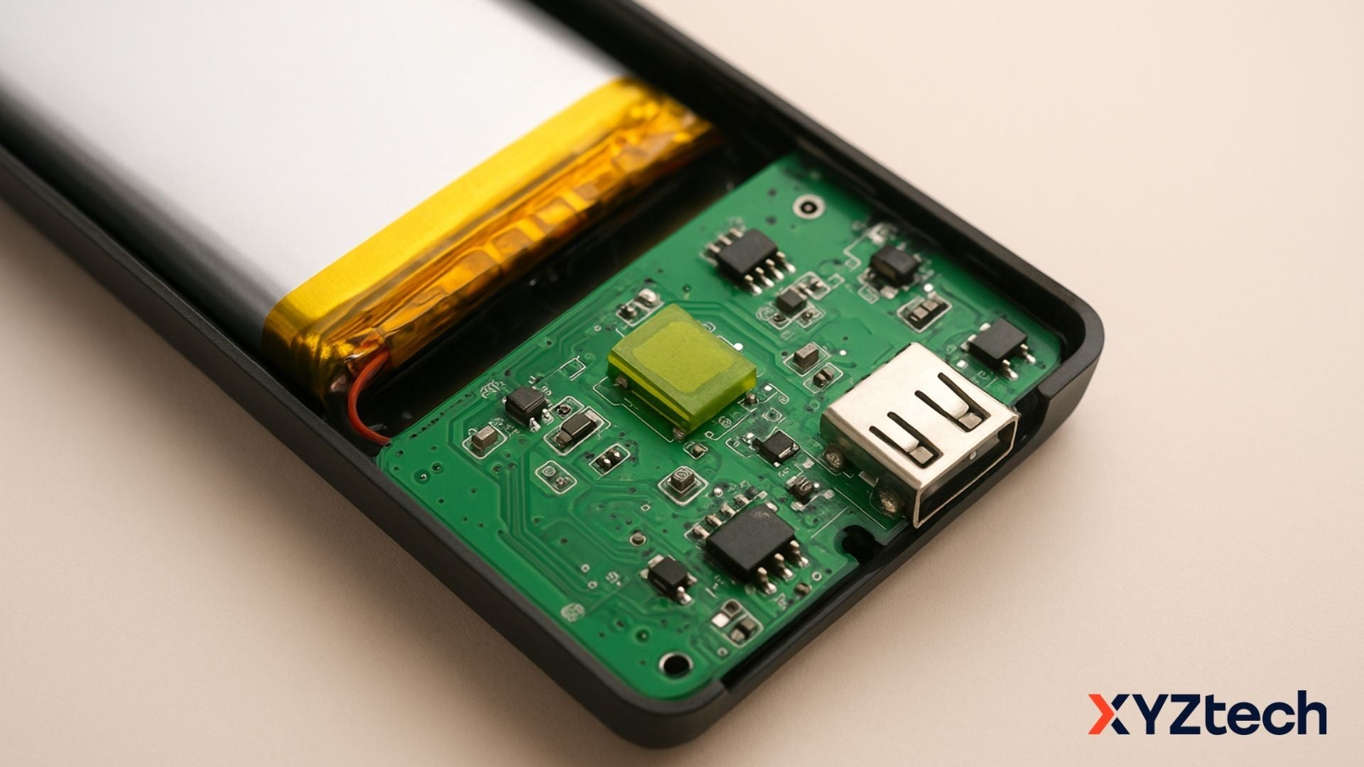 Close-up of a green PPTC resettable fuse, used for overcurrent protection in electronic circuits.