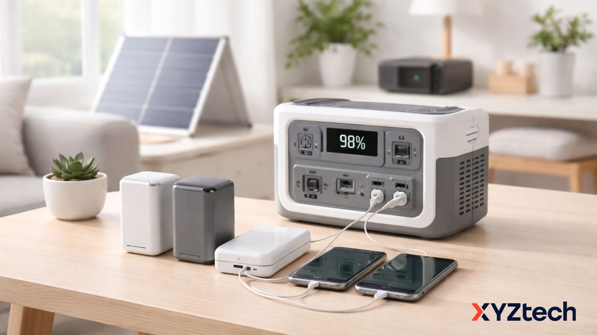 Battery Backup for Home to Prepare for Energy Crisis. Power Banks, Power Station, UPS, and Solar Power Options on Desk.