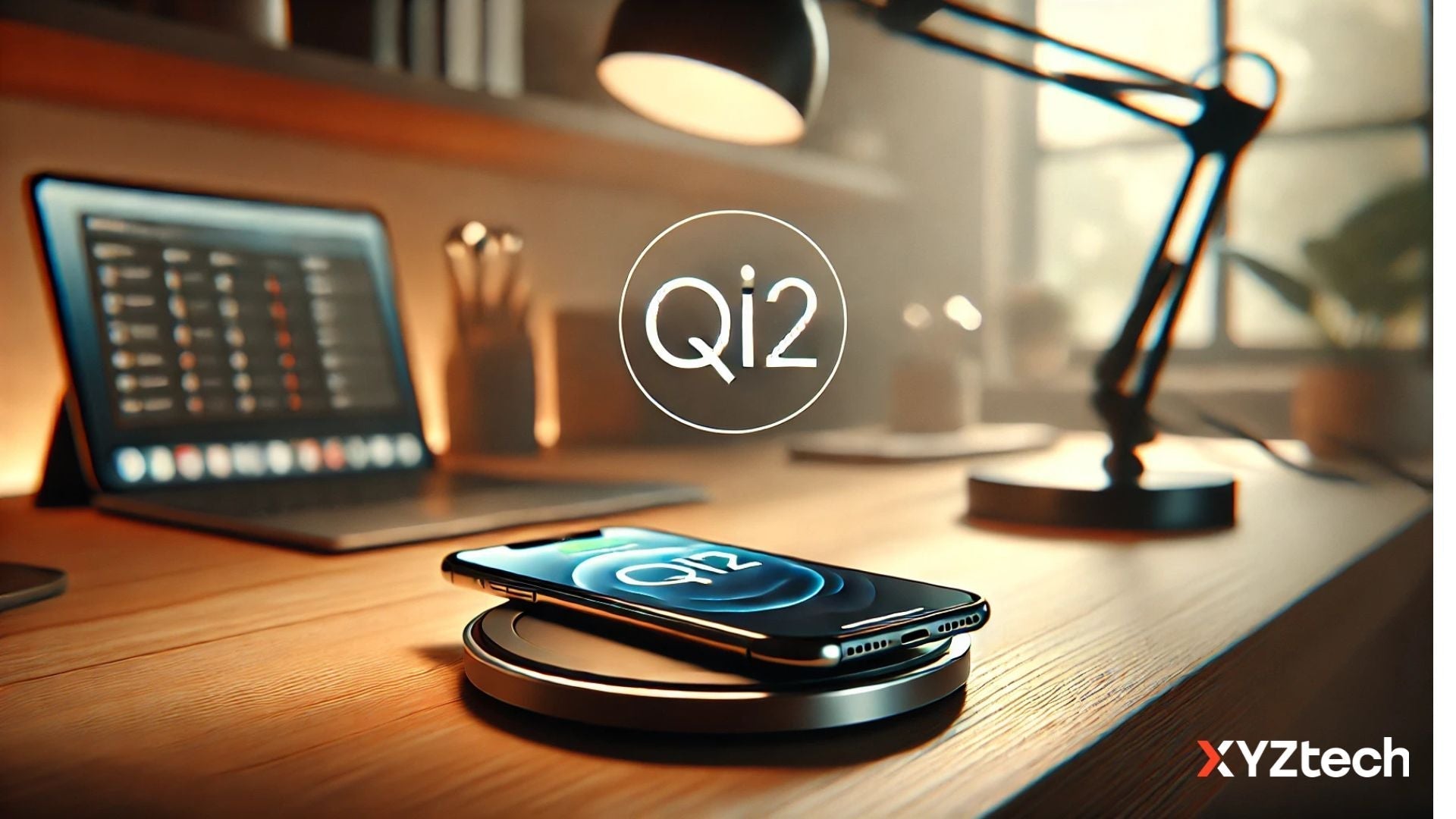 Qi2 certified wireless charger with the Qi2 logo on a wooden desk.