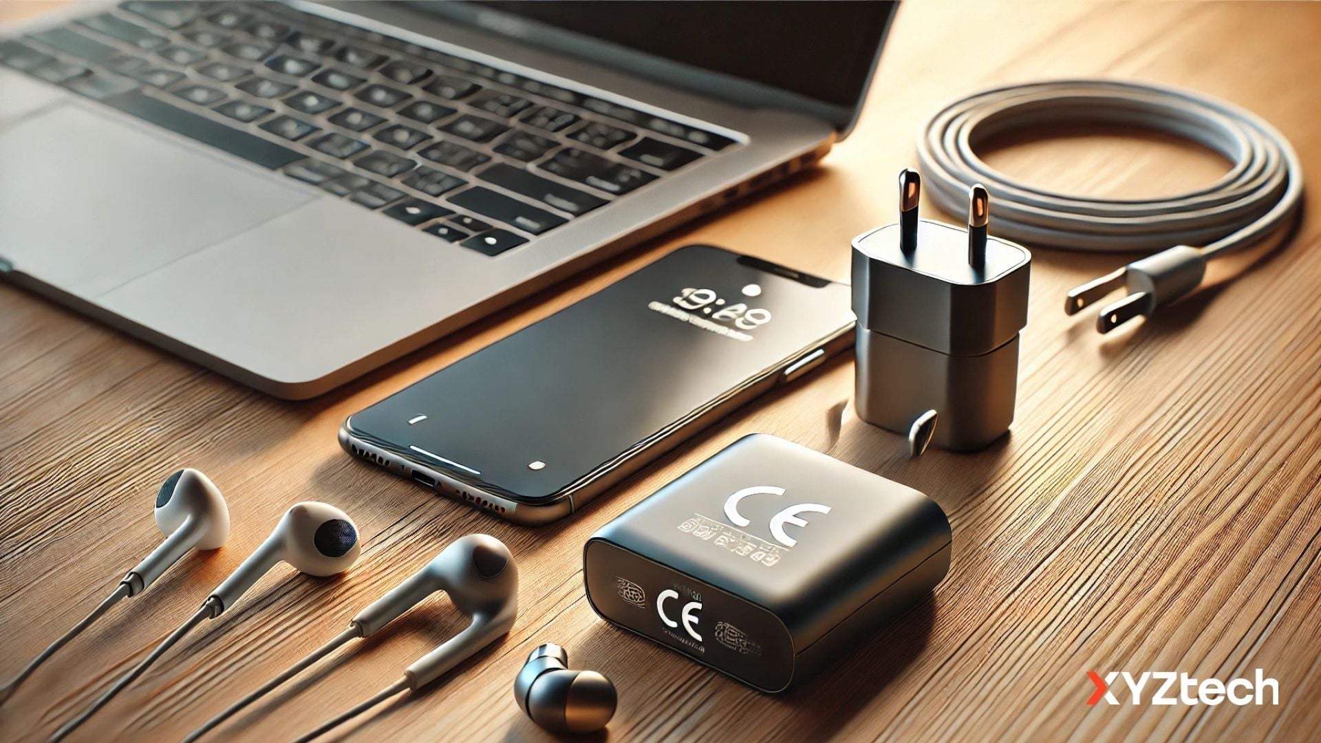 Electronic devices on a wooden desk with a CE mark, indicating compliance with EU safety standards.