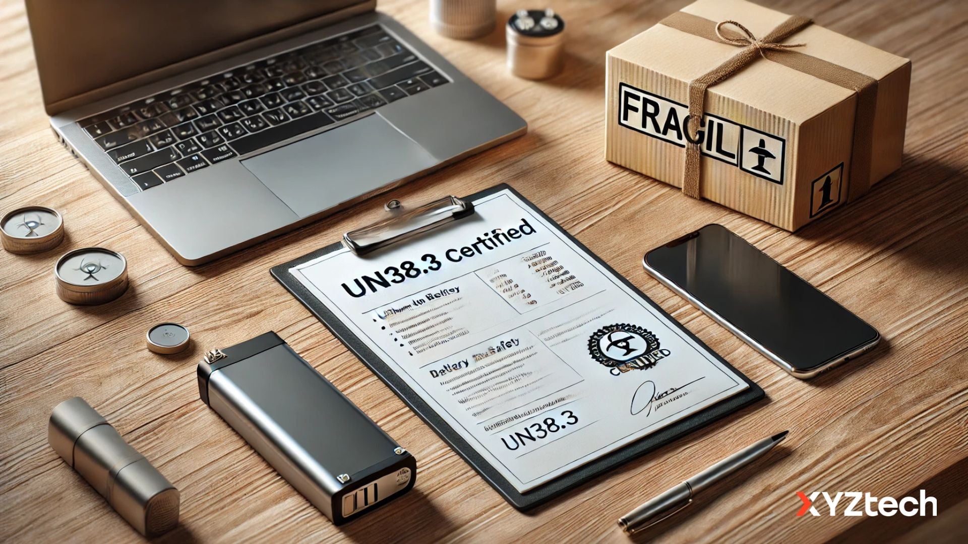 Wooden desk with a lithium battery, safety certification documents, and a shipping label, representing UN38.3 battery transport compliance.