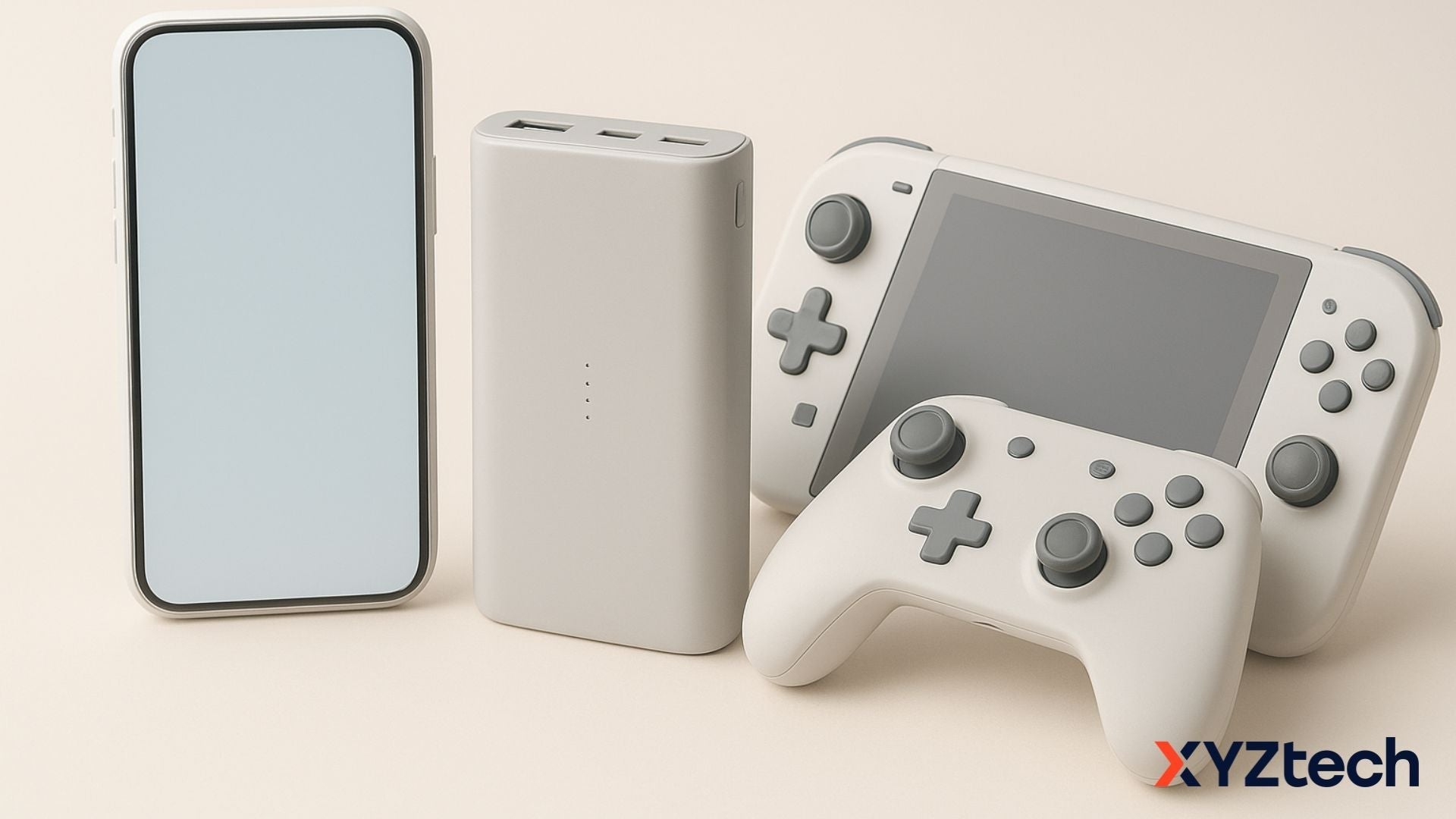 A mobile phone, game consoles and a gamer power bank.