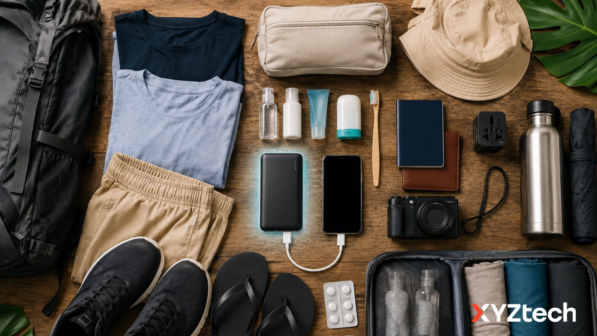 Southeast Asia Packing List for Backpacking. Items like power bank, footwears, documents, toiletries and more on top of table