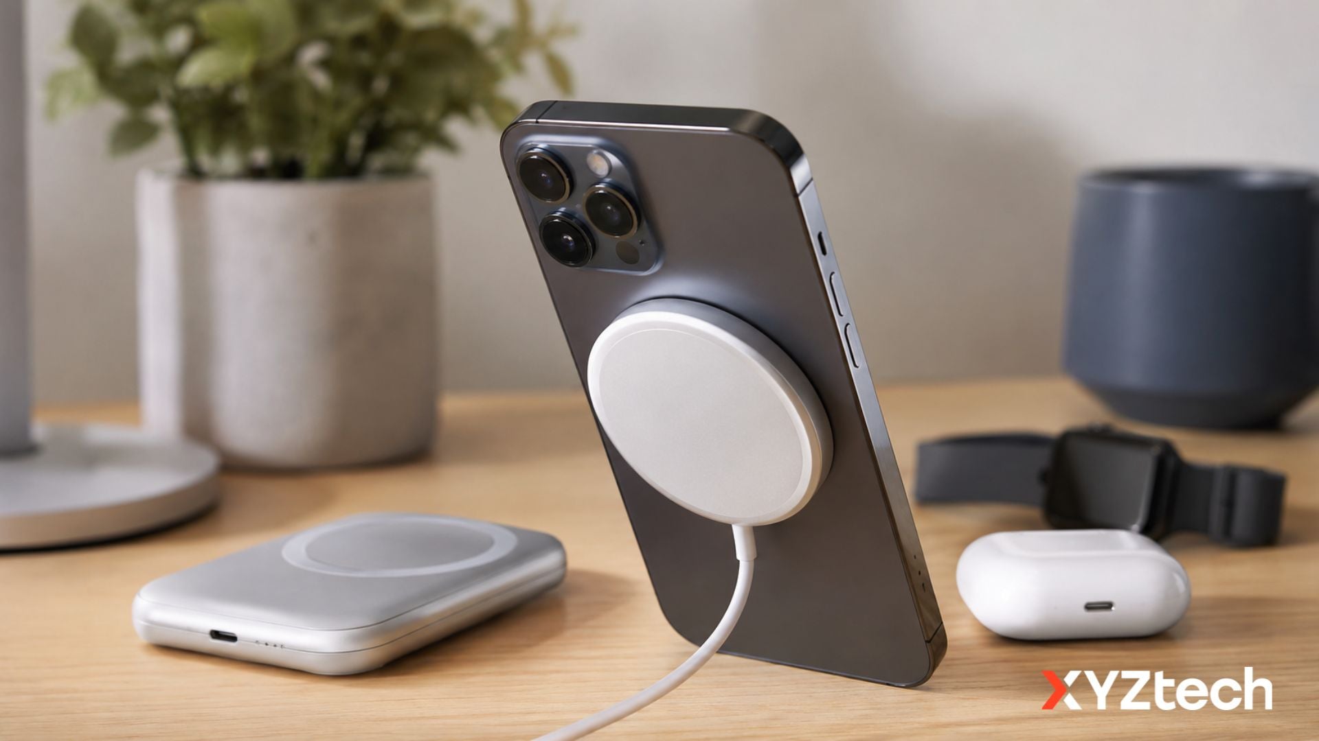 MagSafe charge charging phone and a MagSafe-compatible wireless power bank on desk
